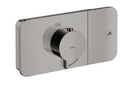 Thermostatmodul von AXOR in Polished Black Chrome für die Unterputzmontage, mit Drehknopf zur Temperatureinstellung und einem Symbol für eine Duschquelle.